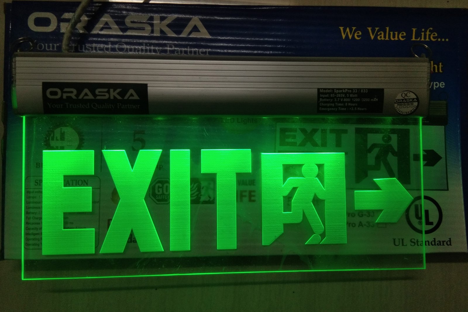 ORASKA Emergency Clear Exit Sign Light SparkPro A-33 Exit-Right Side Arrow 14 by 8 inch