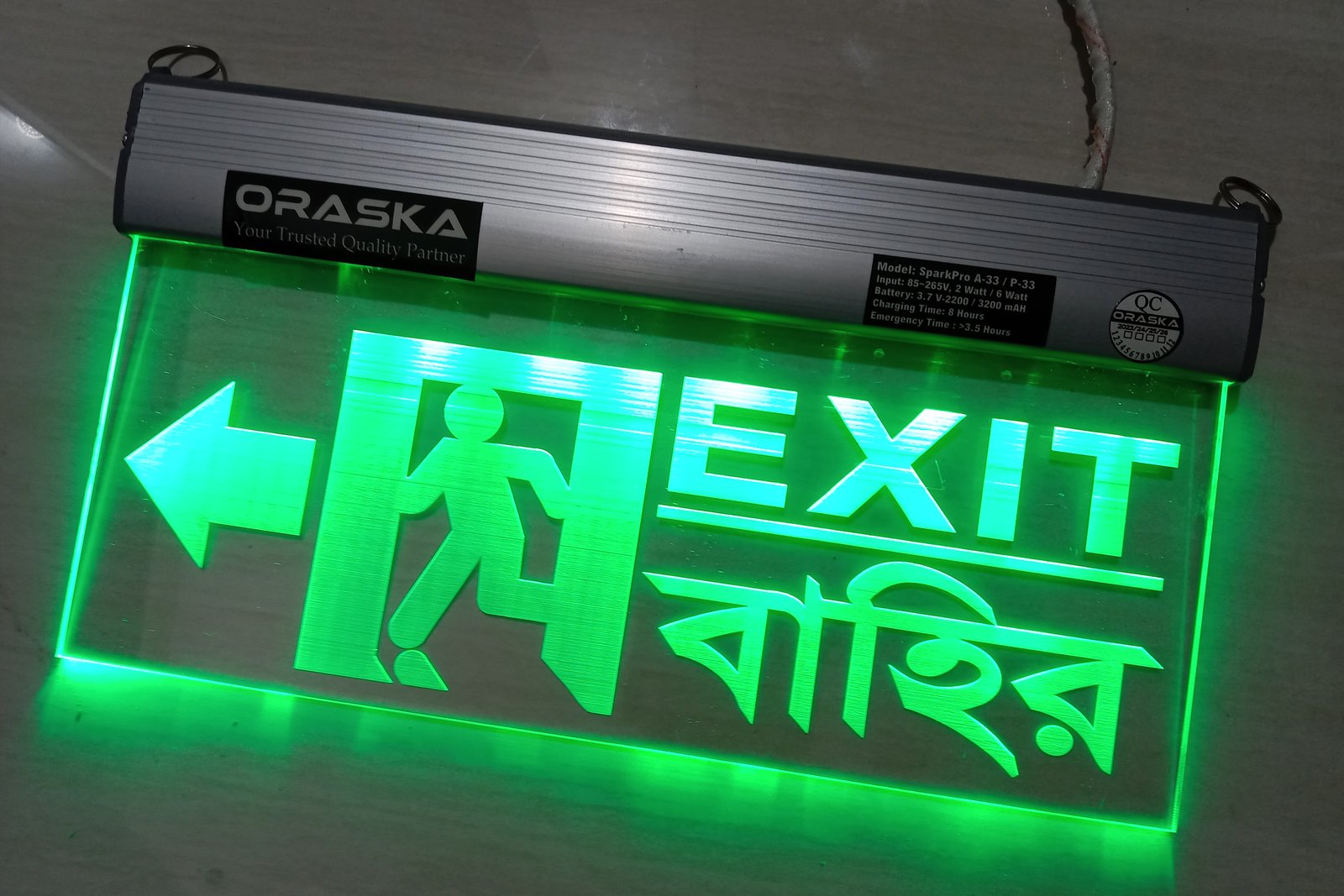 ORASKA Emergency Exit Sign Light SparkPro A-33 14 by 8 inch Clear EXIT Bahir Left Arrow