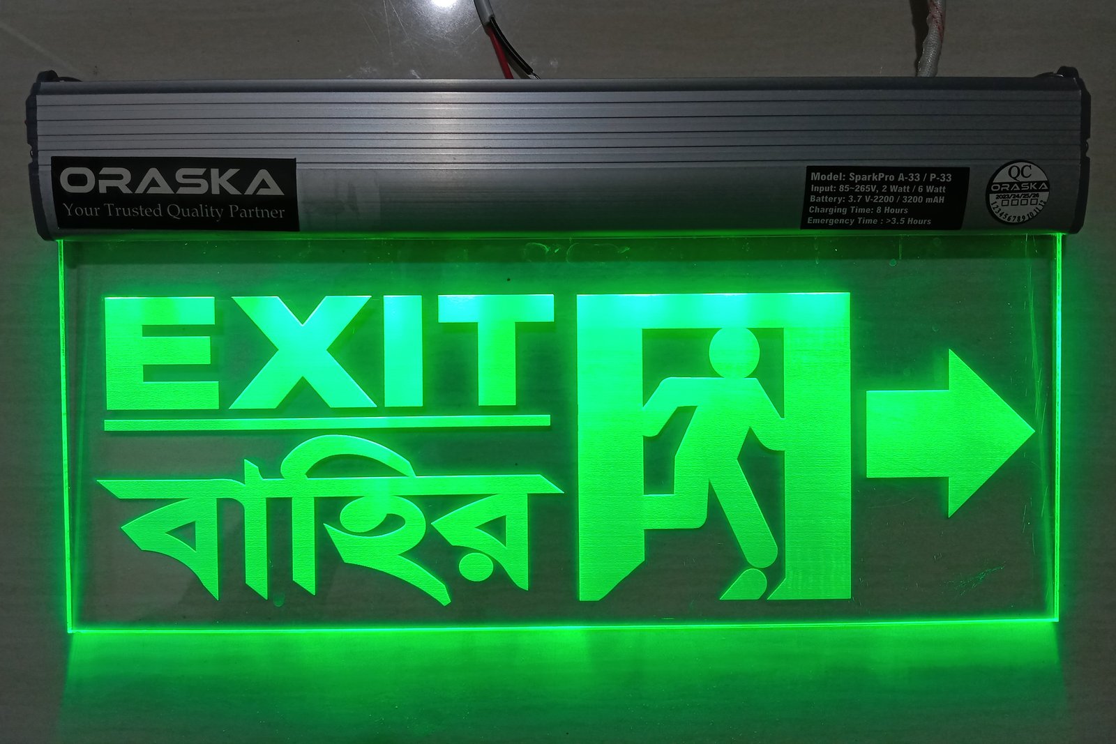 ORASKA Emergency Exit Sign Light SparkPro A-33 14 by 8 inch Clear EXIT Bahir Right Arrow