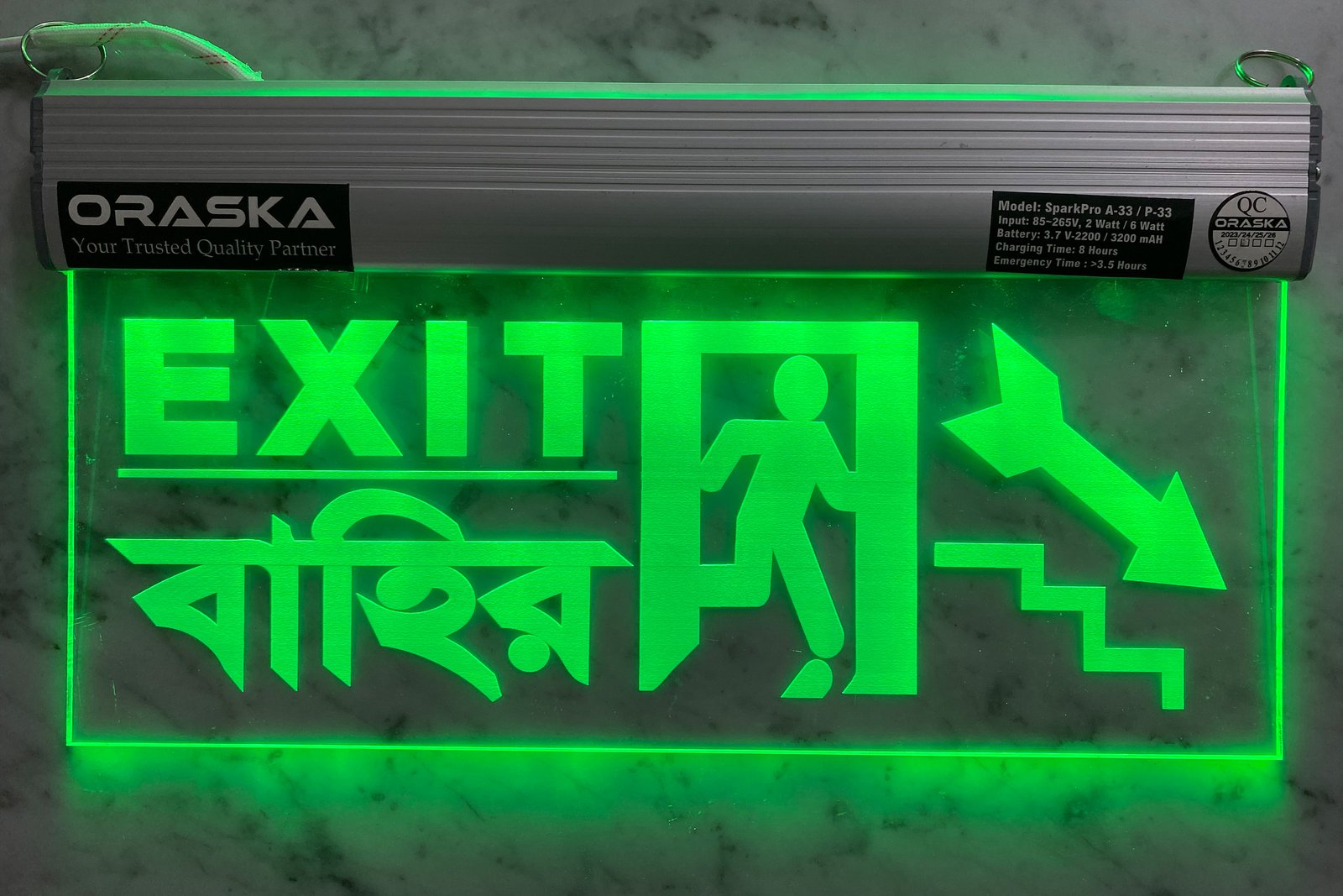 ORASKA Emergency Exit Sign Light SparkPro A-33 14 by 8 inch Clear Exit Sign Stairs Right Arrow