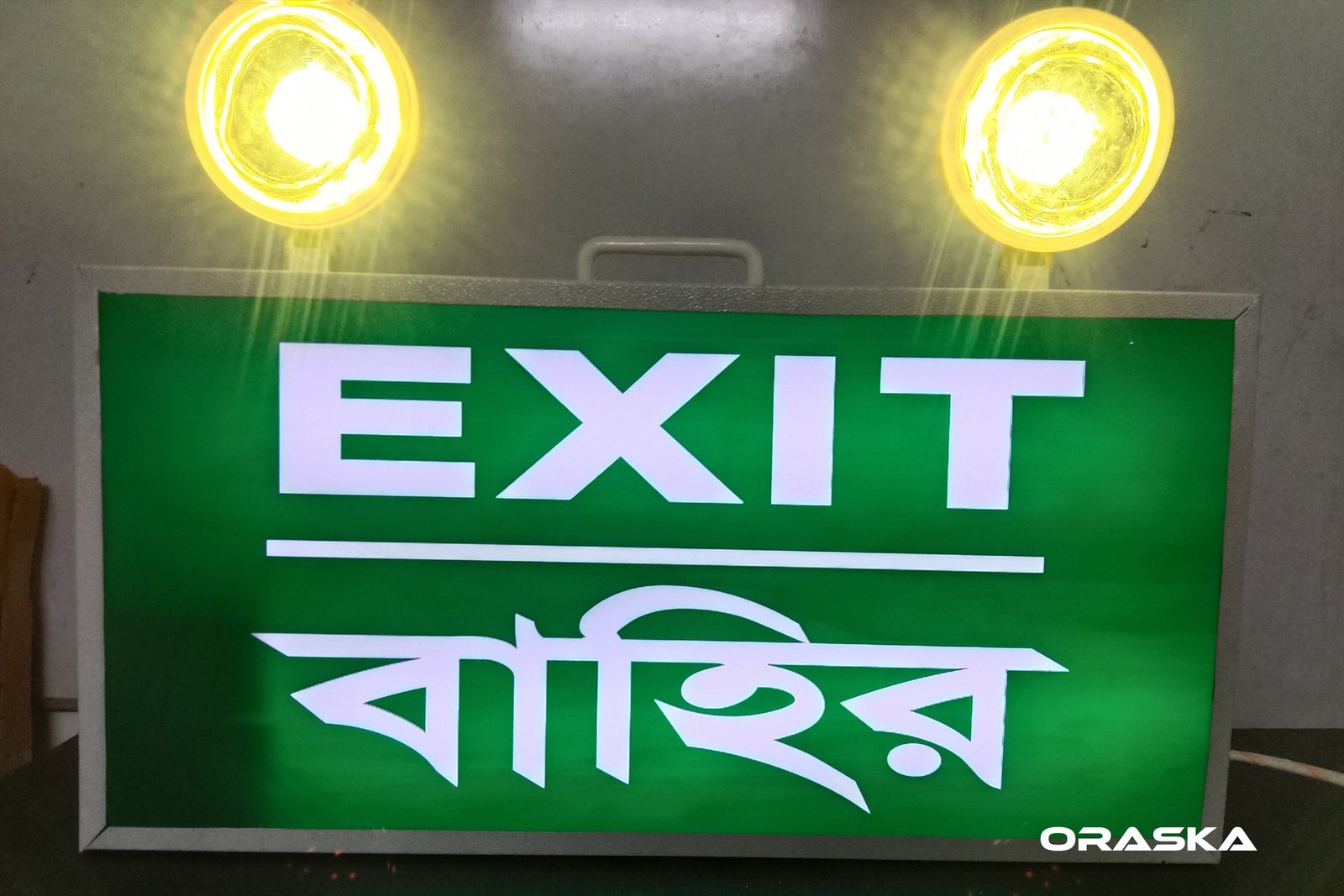 ORASKA EXIT-FOG COMBO Light CB7157 World's Best– 24×17×3 inch, 24W LED Yellow Fog + 5W Green EXIT Sign, 6V-7AH Battery, 3–4 Hr Backup, 80–100 LUX, UL Standard, Bangladesh