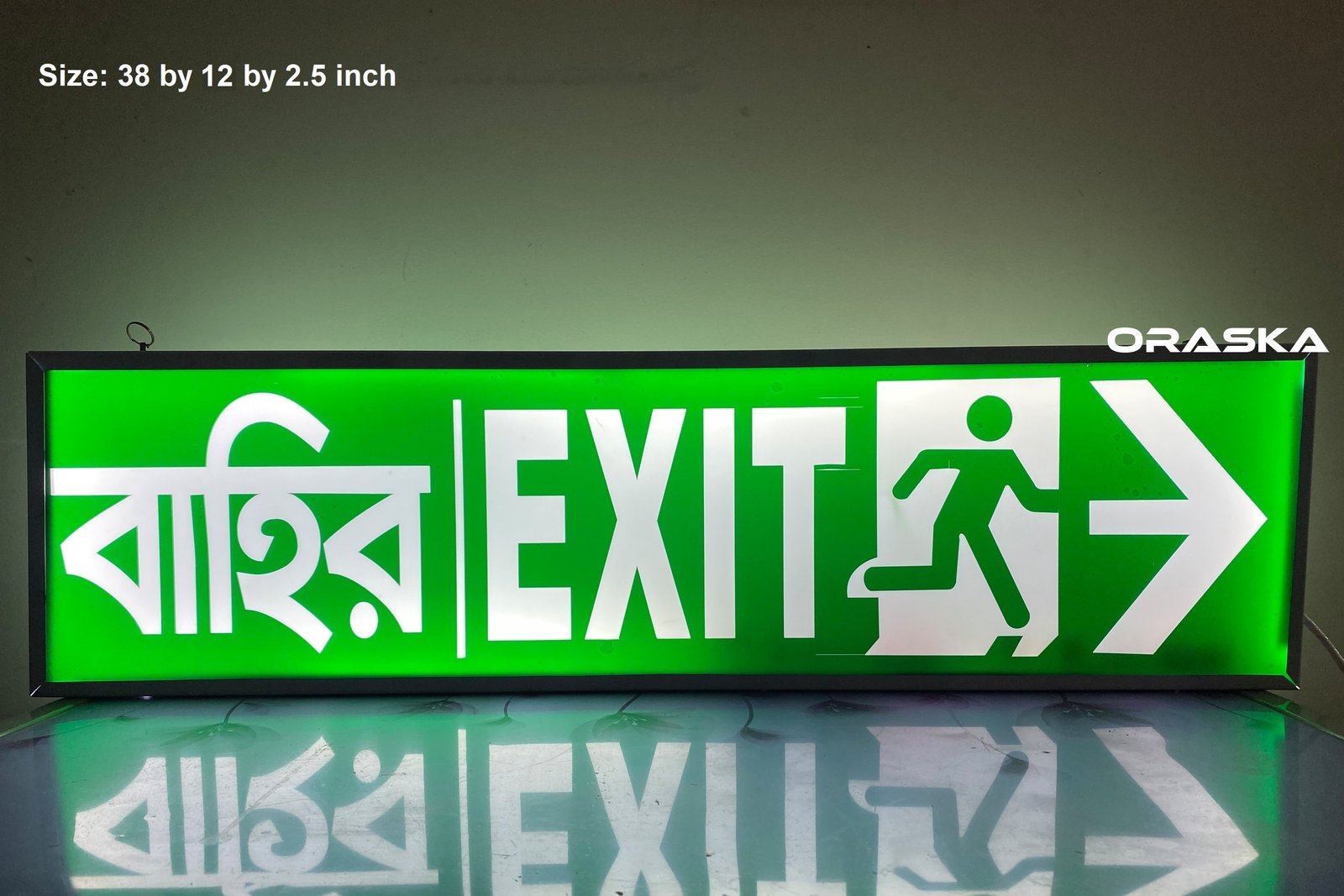 Green Emergency Exit Sign Light Box 38 by 12 inch 4 hrs backup 2 years warranty ORASKA